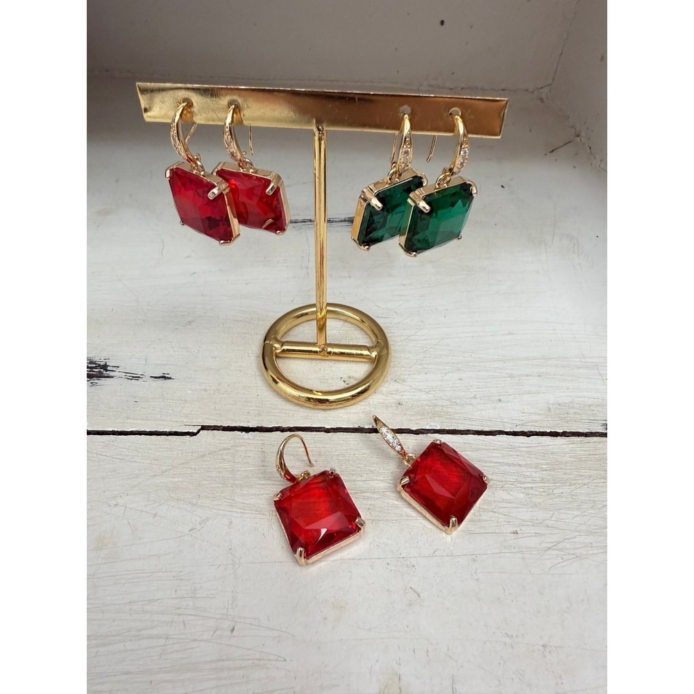 Set of 3 Crystal Square Drop Earrings Red & Green‎ Gold Tone Glam Statement
